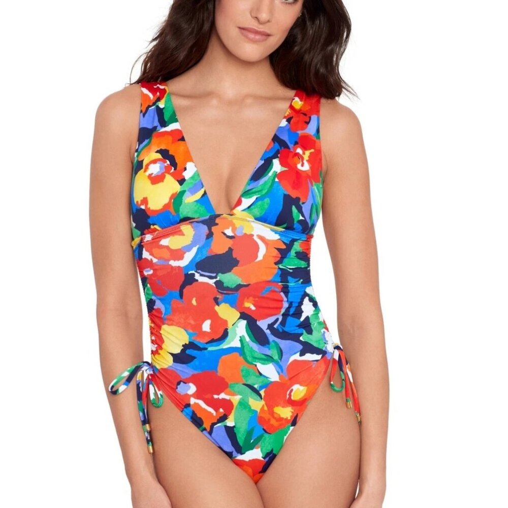 NWT Lauren Ralph Lauren Bold Floral Shirred Plunge One Piece Swimsuit
